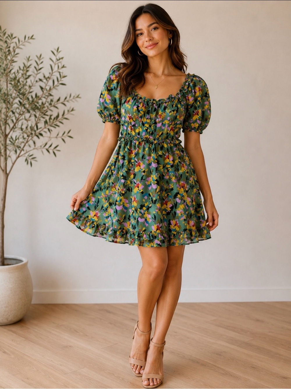 Japna Floral Puff Sleeve Babydoll Mini Dress Size M Green Ruffle Dress